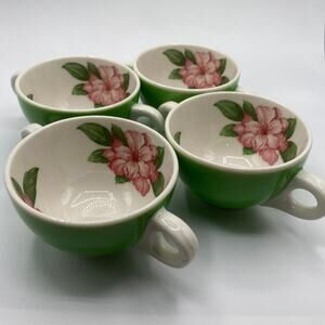 Vintage Syracuse China Pottery Set of Four Green Peony Bouillon Cups Soup Bowls